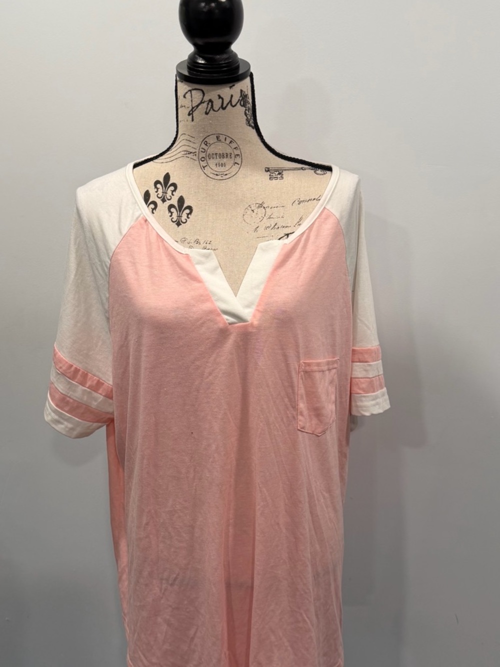 Aris Pink and White V-Neck Raglan Pocket Tee